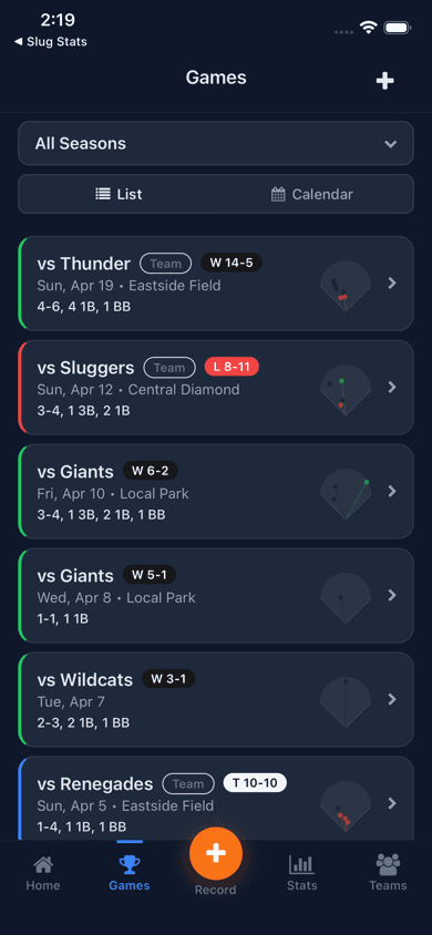Games list showing recent games with win/loss badges, team tags, opponents, and at-bat lines